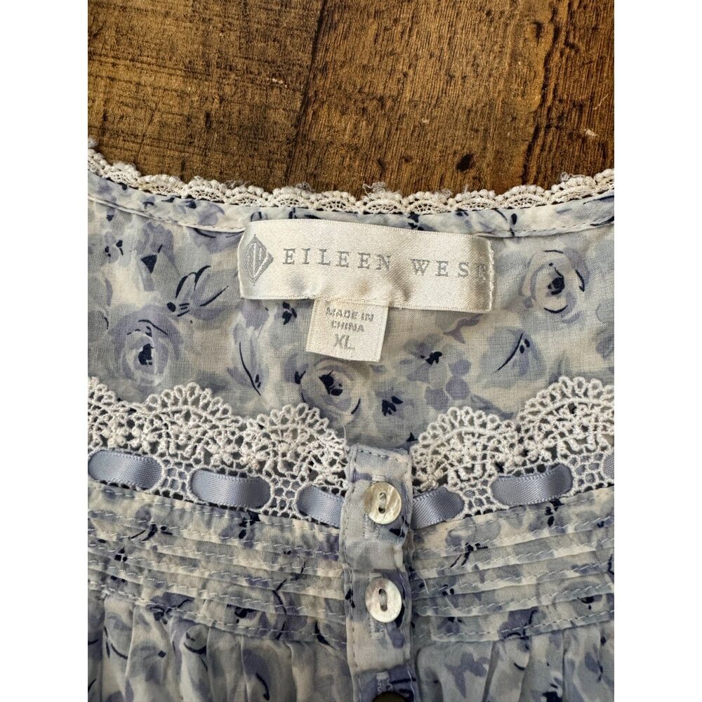 Eileen West Blue White Floral Nightgown XL Cotton Midi 3/4 Sleeves Lace Trim - Picture 4 of 9